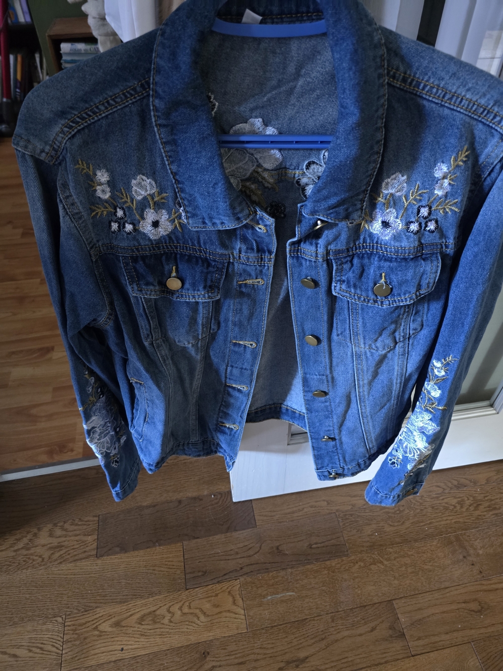 Denim Jacket with Floral Embroidery - Blue